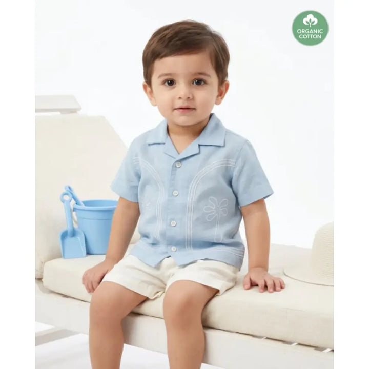Sweetlime By AS Baby Boys Blue Palm Embroidered Shirt &amp; Shorts Co-Ord Set Blue &amp; White