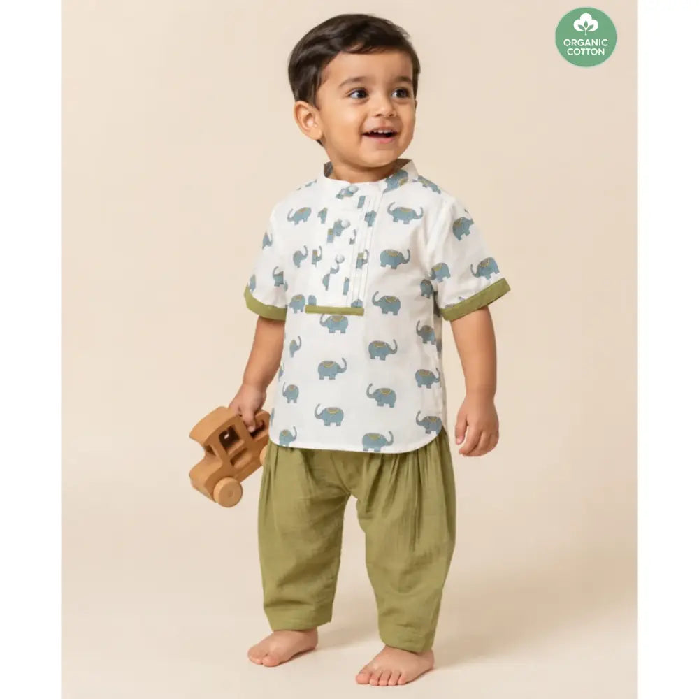 Sweetlime By AS Baby Boys Elephant Printed Cotton Kurta with Olive Cotton Pants Co-ord Set - White &amp; Olive Green