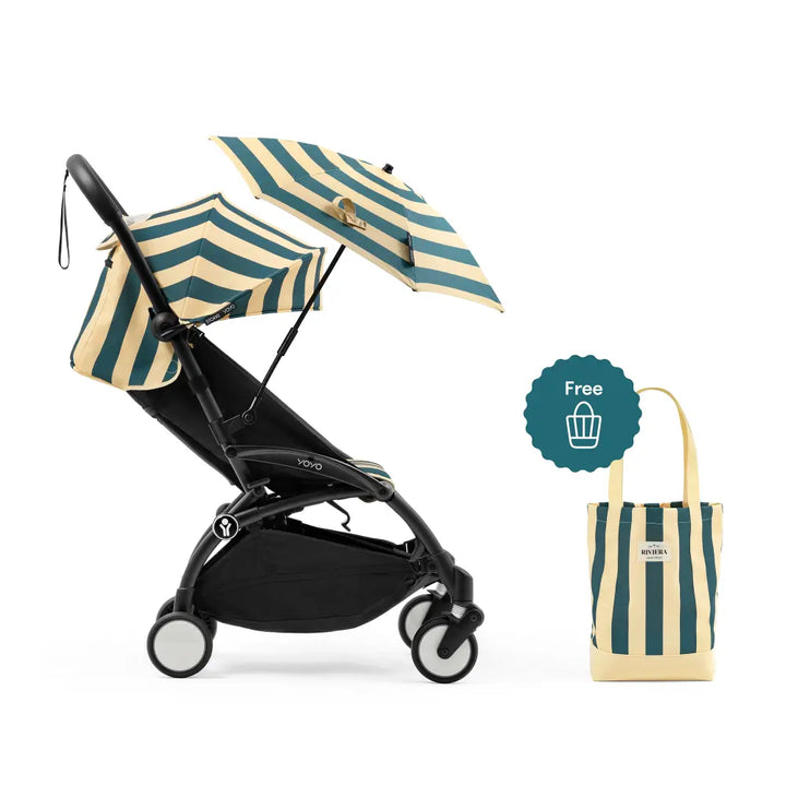 Stokke YOYO3 Riviera Stroller - Limited Edition Summer Collection | Includes Matching Seat Cushion, Canopy &amp; Parasol | Cabin Friendly Ultra Compact Fold | UPF 50+ Sun Protection | Lightweight at 6.7 kg | 6 Months to 4 Years - Black/Monaco