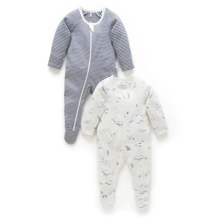 Purebaby Unisex Nautical Pack of 2 Organic Cotton Baby Growsuits - Vanilla