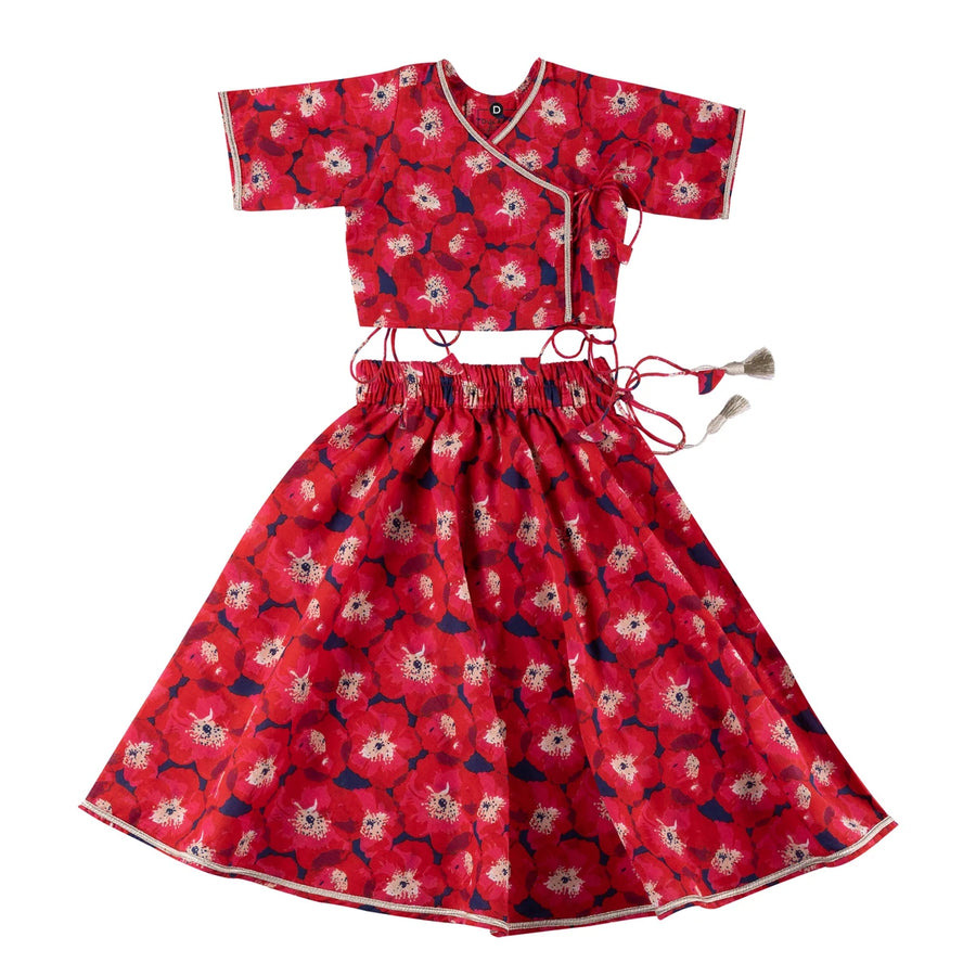Dulaar Cotton Lehenga Set for Girls (Gota Work)-Painted Poppies