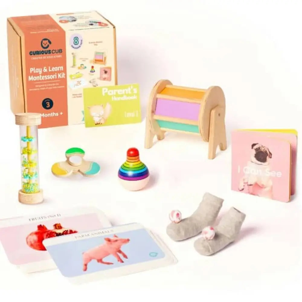Curious Cub Montessori Box 3 | 8-Piece Tummy Time &amp; Motor Skill Toy Set | Rainmaker, Flashcards &amp; More | 5+ Months