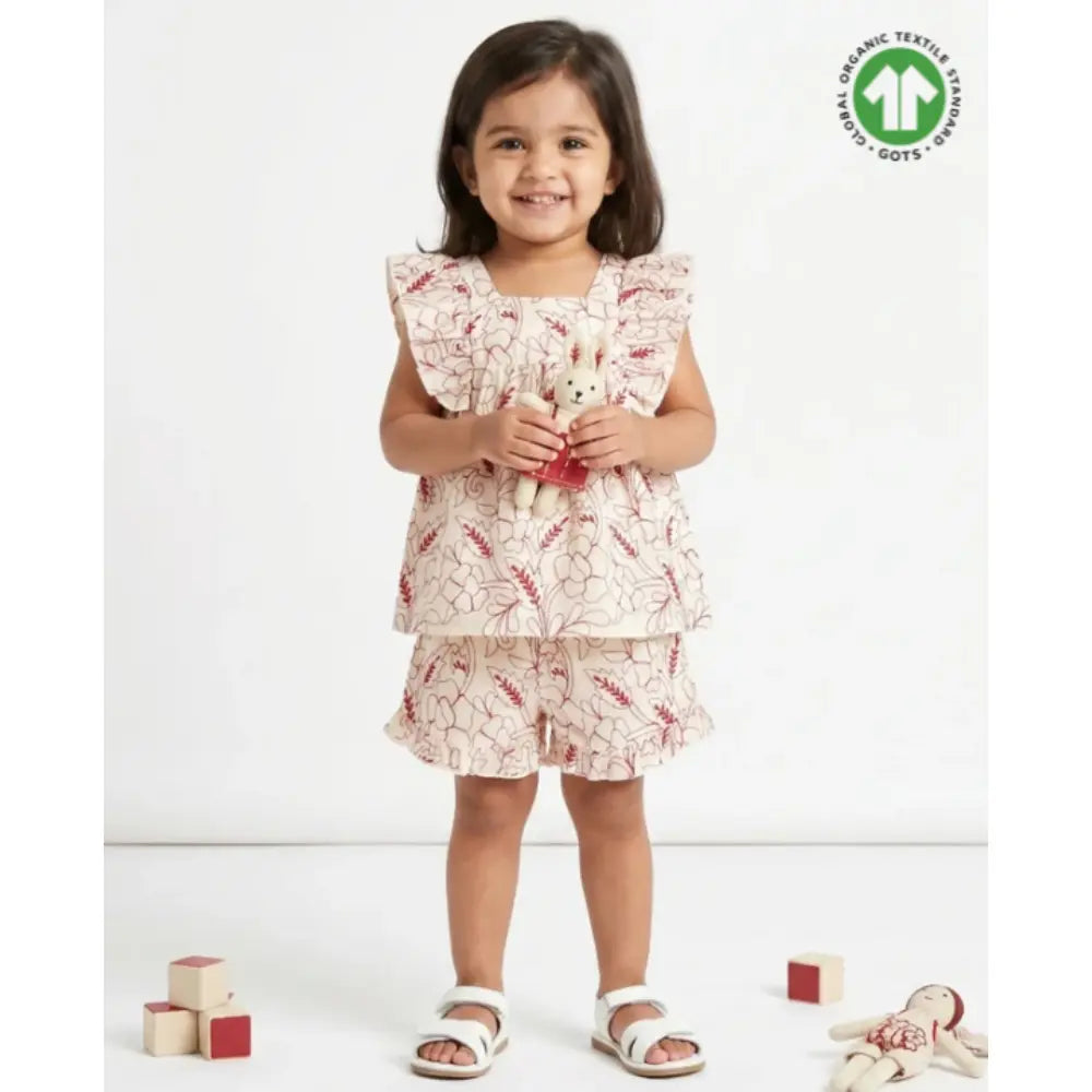 Sweetlime By AS Red Floral Embroidery Ruffle Organic Cotton Co-ord Set -  Beige &amp; Red