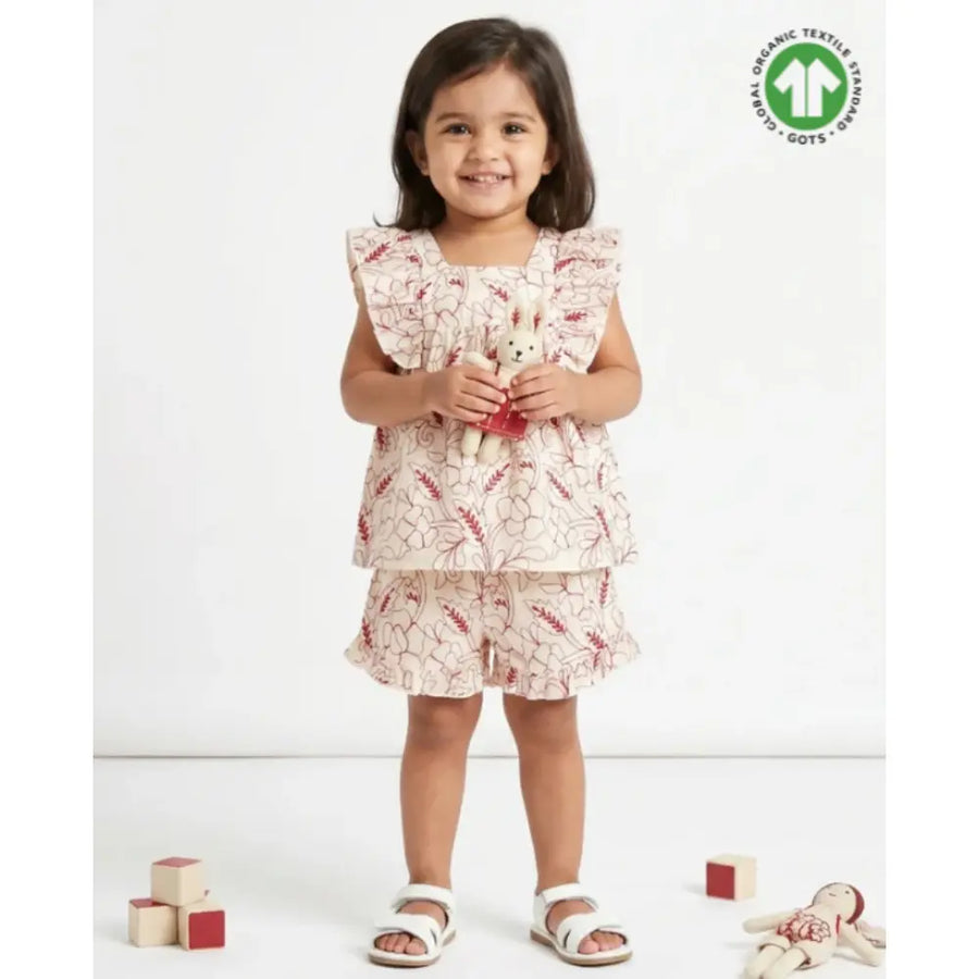 Sweetlime By AS Red Floral Embroidery Ruffle Organic Cotton Co-ord Set -  Beige & Red