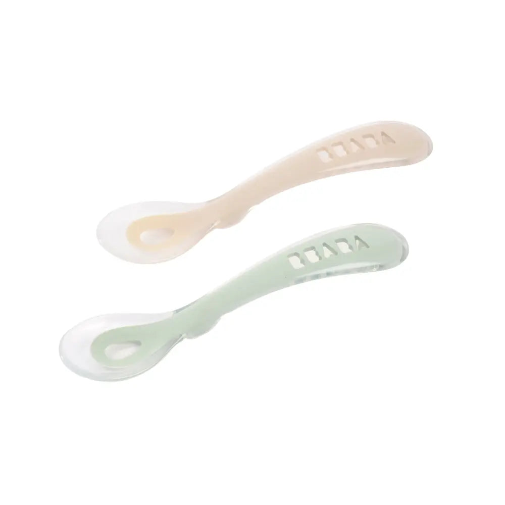 Beaba 2nd Stage Silicone Spoon - Baby Led Weaning Self Feeding Training Spoon with Ultra Soft Tip, Gum Friendly, Ergonomic Handles, BPA Free, Set of 2, Clay/Misty Green, 8m+