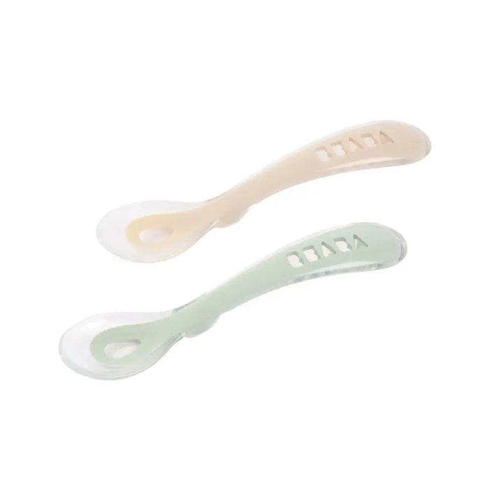 Beaba 2nd Stage Silicone Spoon - Baby Led Weaning Self Feeding Training Spoon with Ultra Soft Tip, Gum Friendly, Ergonomic Handles, BPA Free, Set of 2, Clay/Misty Green, 8m+