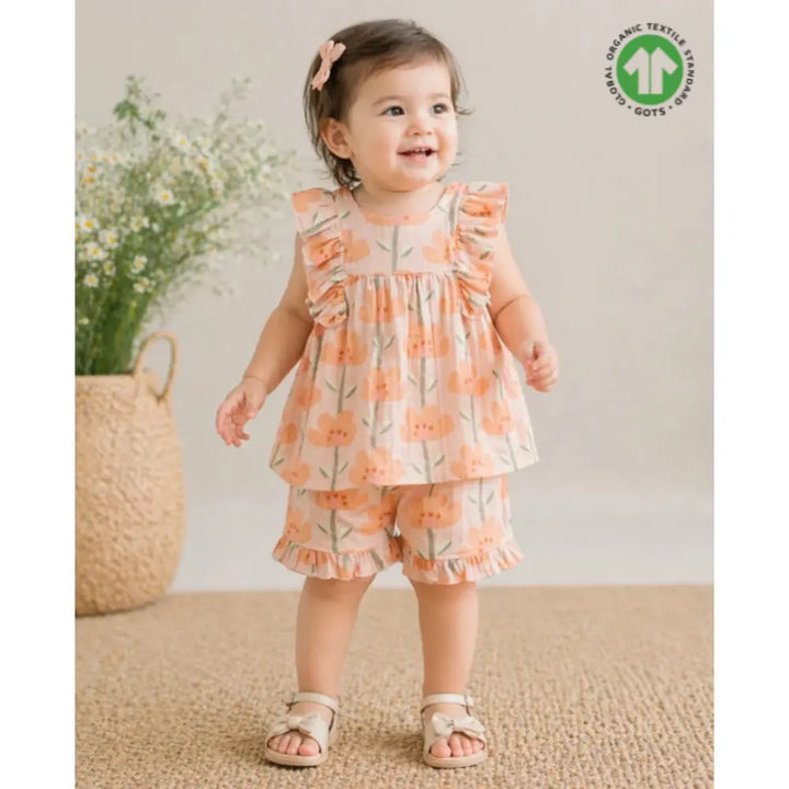 Sweetlime By As Peach Blossom Floral Ruffle Cotton Baby Girls Summer Co-ord Set