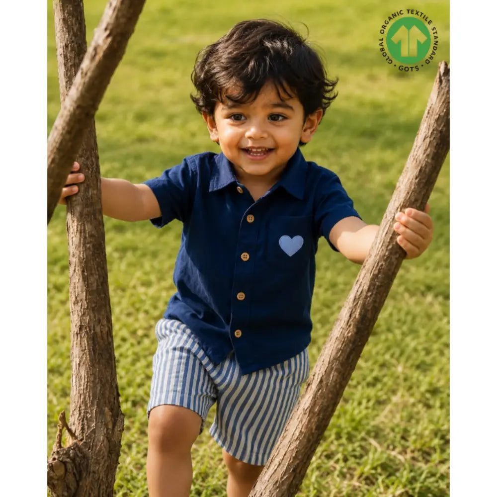 Sweetlime By AS Baby Boys Solid Cotton Shirt &amp; Striped Shorts Co-Ord Set -  Navy Blue &amp; White