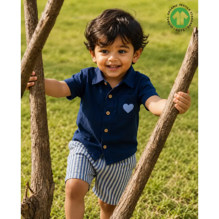 Sweetlime By AS Baby Boys Solid Cotton Shirt &amp; Striped Shorts Co-Ord Set -  Navy Blue &amp; White