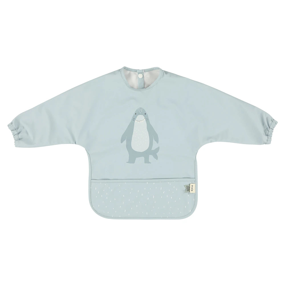 Trixie Waterproof Long Sleeve Baby Bib | Full-Coverage Feeding Bib with Food Catcher Pocket &amp; Easy-Clean Design | 6 Months Onwards | Mr. Shark