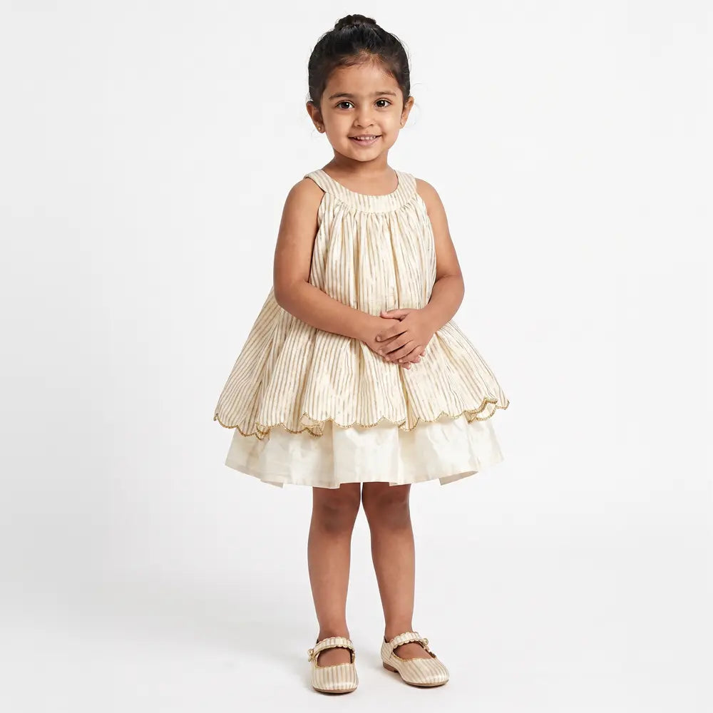 PureCloth.Co Baby Girl Silk Dress | Golden Stripe White Golden Stripe