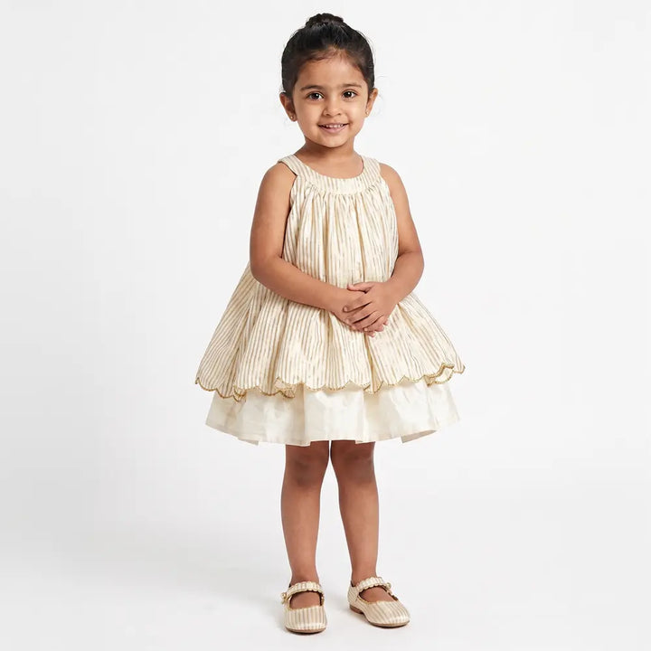 PureCloth.Co Baby Girl Silk Dress | Golden Stripe White Golden Stripe