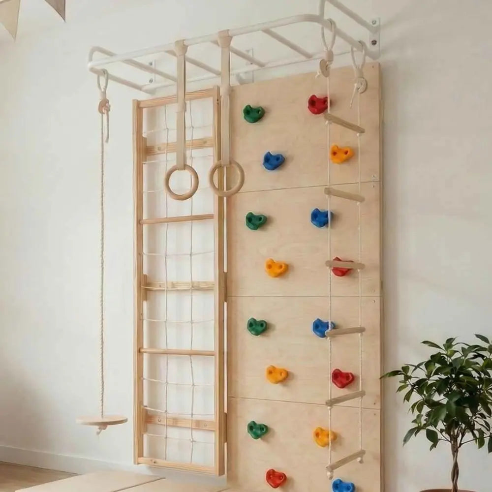 Curious Cub Space Saver Jungle Gym 2 | 6 Components - Rope Ladder, Rock Climbing, Wobble Ladder, Monkey Bar, Gymnastic Rings, Disk Swing | Ages 4-15 Years