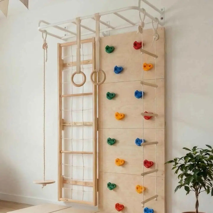 Curious Cub Space Saver Jungle Gym 2 | 6 Components - Rope Ladder, Rock Climbing, Wobble Ladder, Monkey Bar, Gymnastic Rings, Disk Swing | Ages 4-15 Years