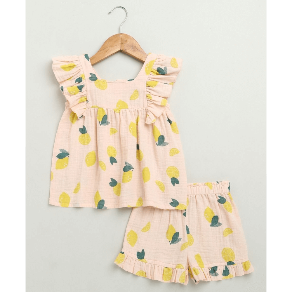 Sweetlime By AS Yellow Lemon Print Ruffle Organic Cotton Co-ord Set
