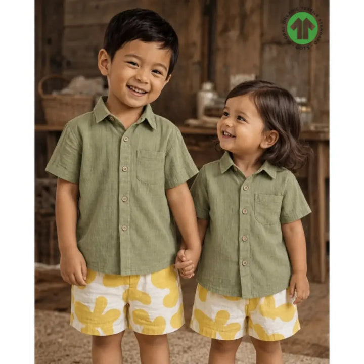 Sweetlime By AS Unisex Organic Cotton Shirt with Yellow Floral Printed Shorts Co-ord Set – Green &amp; Yellow