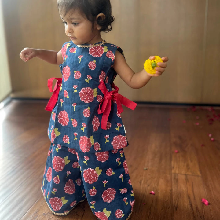 Dulaar Chanderi Top &amp; Pants Co-ord Set for Girls | Hand-Block Printed (Gota Work)-Genda Phool (Midnight)