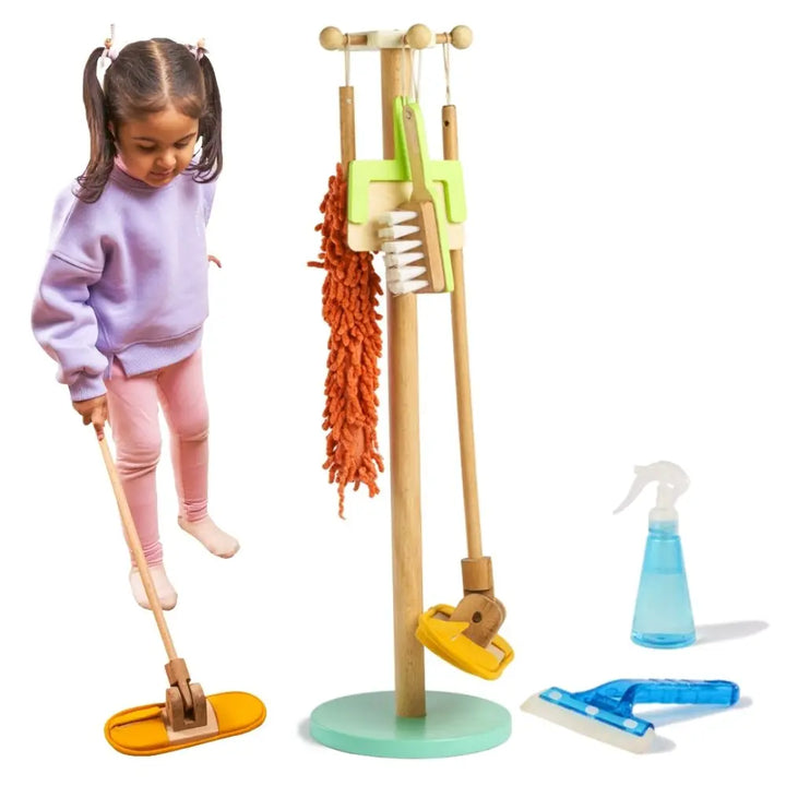 Curious Cub Wooden Kids Cleaning Play Set | Pretend Play Mop, Brush &amp; Spray Bottle | Montessori Life Skills Toy | 1 Year+