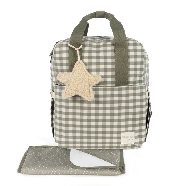 Walking Mum Diaper Backpack with Changing Pad, Large Capacity, Water-Resistant with Multi-Pocket Organizer, Insulated Bottle Pocket, Shoulder &amp; Stroller Straps, Personalized Charm, Checkered Print - Stone