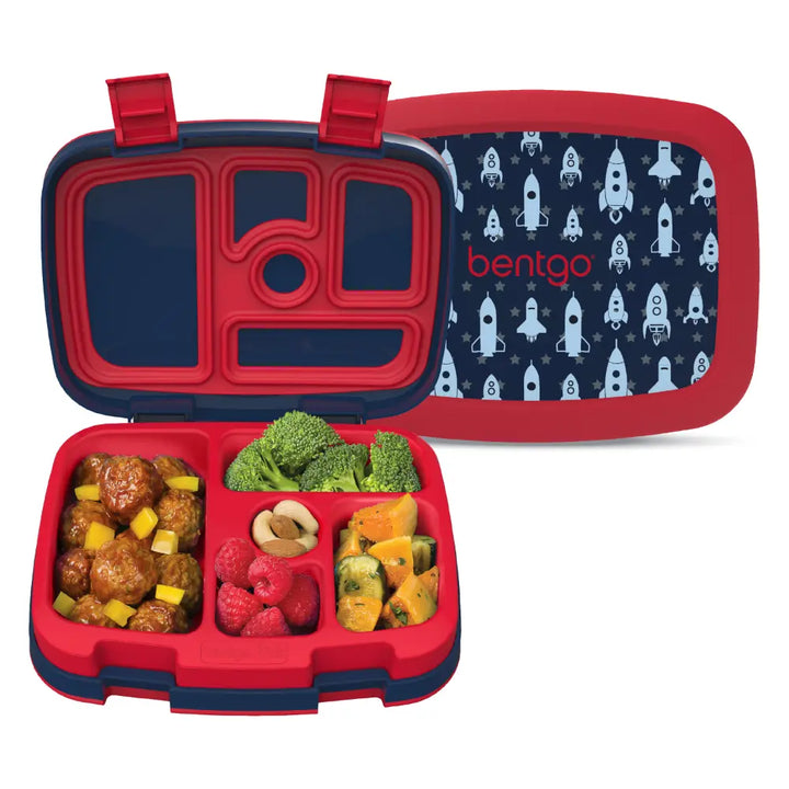 Bentgo Kids Prints with 5 Compartments, Leak-Proof Bento Lunch Box, BPA &amp; PFAS-Free, Microwave &amp; Dishwasher Safe Tray,  3–7 Years - Space Rocket