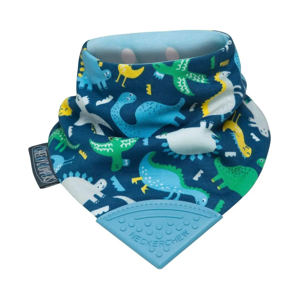 Cheeky Chompers Neckerchew for Babies &amp; Toddlers, Reversible Bib with Attached Silicone Teether, Super Absorbent, BPA-Free, 2–24 Months - Baby Dino