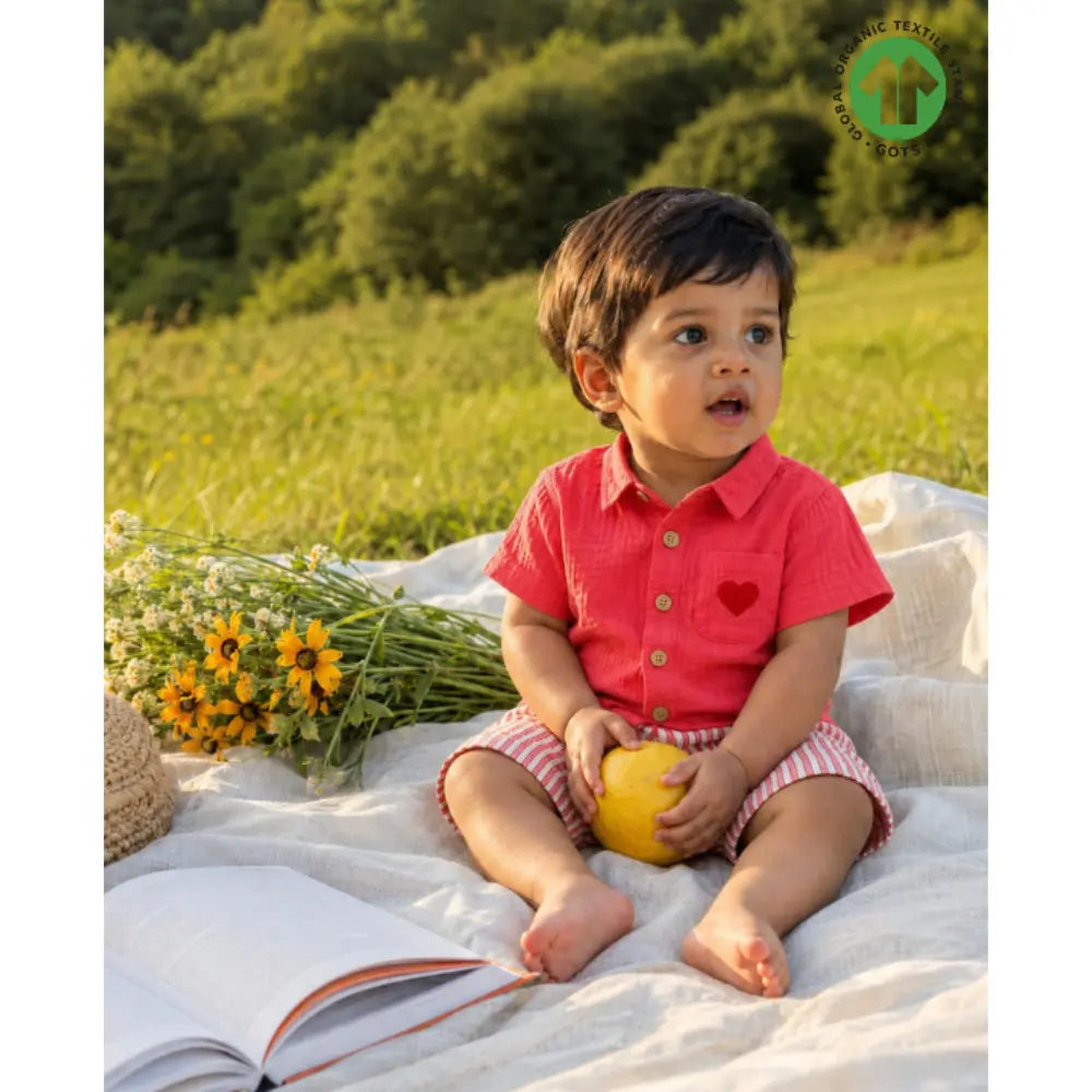 Sweetlime By AS Baby Boys Coral Cotton Shirt with Red Stripe Cotton Shorts Co-ord Set