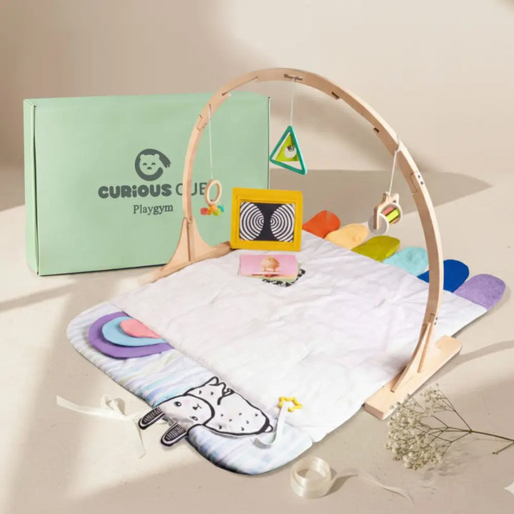 Curious Cub Wooden Baby Play Gym | 11-in-1 Montessori Activity Gym &amp; Playmat | Newborn Sensory Development Toy | 0-12 Months