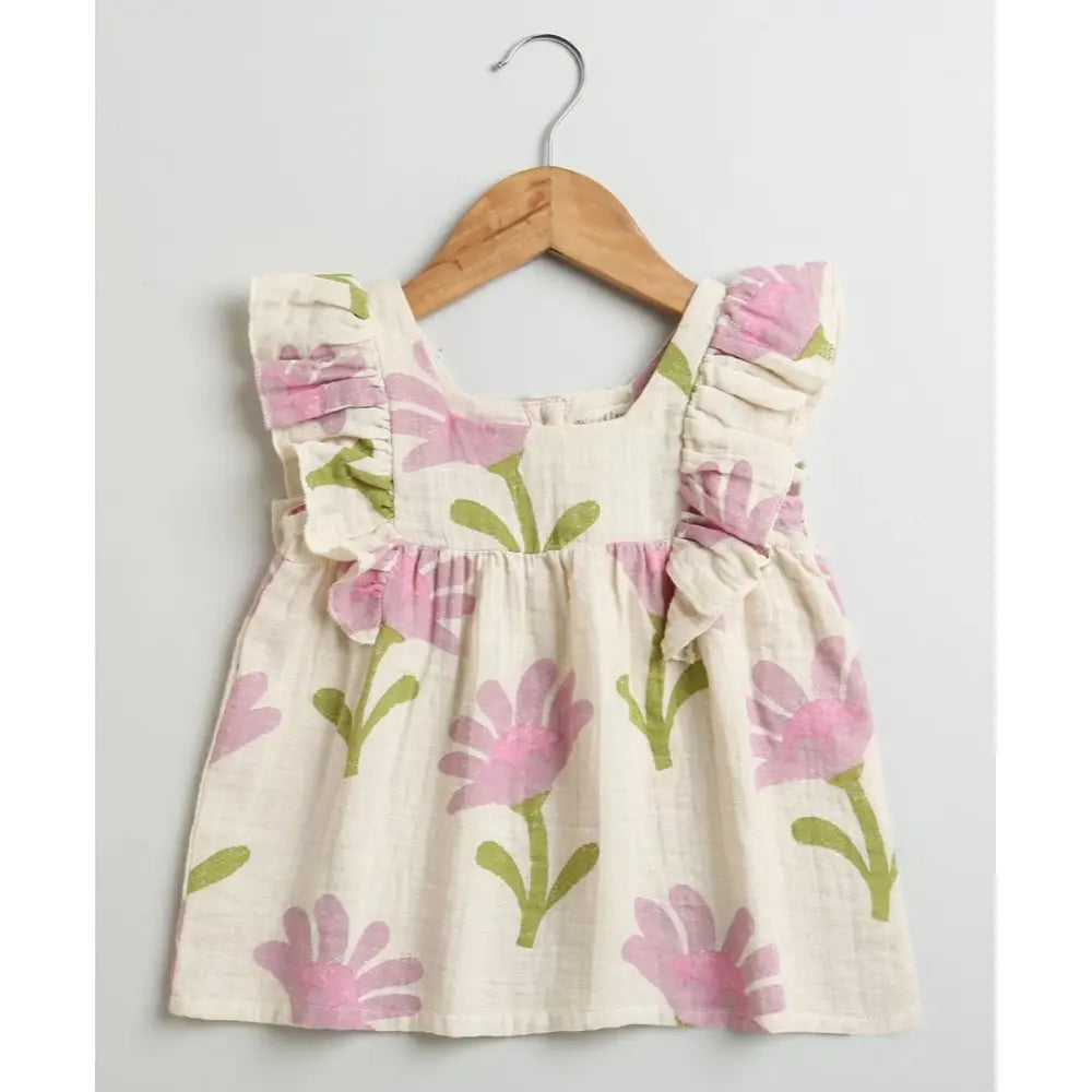 Sweetlime By AS Daisy Print Ruffle Organic Cotton Co-ord Set - Beige