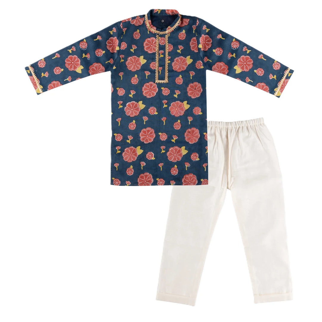 Dulaar Chanderi Kurta Pyjama Set for Boys | Hand-Block Printed (Gota Work)-Genda Phool (Midnight)