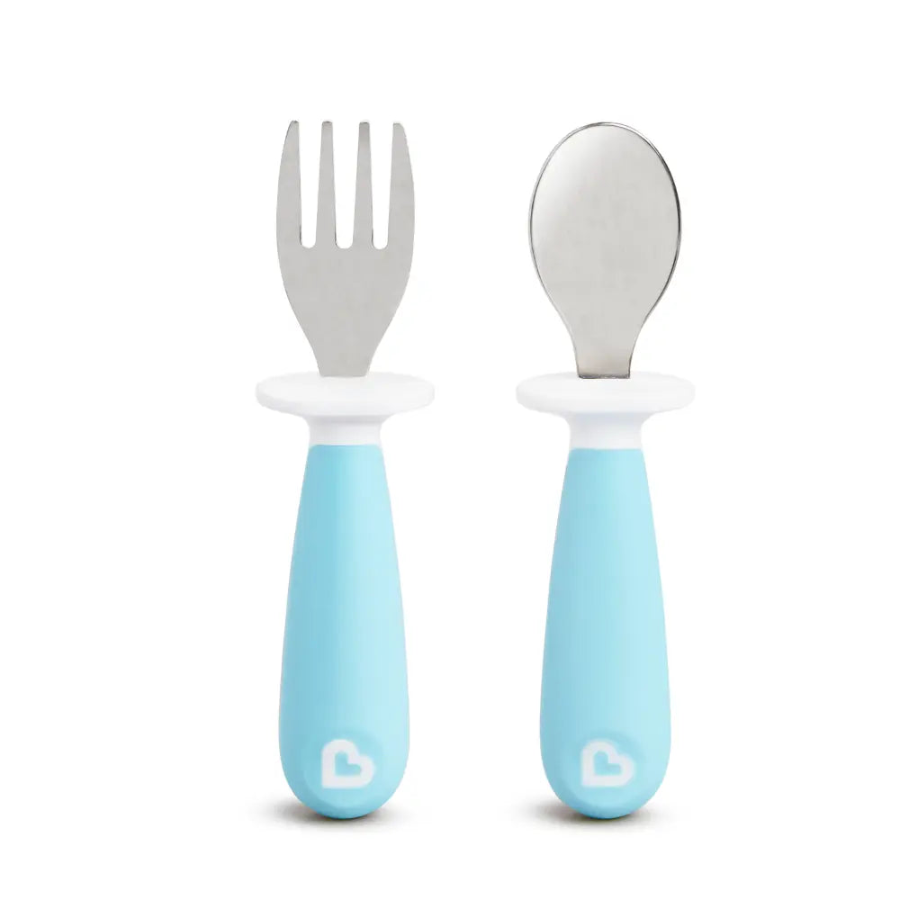 Munchkin Raise  Toddler Fork &amp; Spoon Set – Self-Feeding Utensils with Germ-Free Raised Base, BPA-Free, 12+ Months - Blue