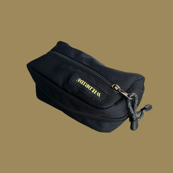 Wildride Slide-On Bag | Compact Nylon Carrier Accessory Bag with Elastic Strap | Lightweight Travel &amp; Stroller Organizer for Phone, Keys &amp; Baby Essentials | Black with Gold Details