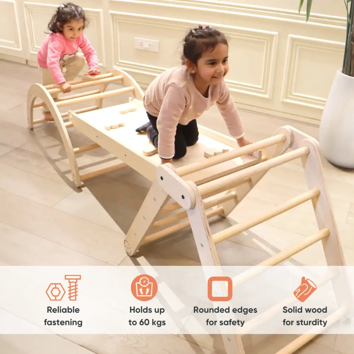 Curious Cub Transformable Pikler Triangle | Montessori Style climbing area including slide, pikler climbing triangle and arch ramp | Ages 1-6 Yrs