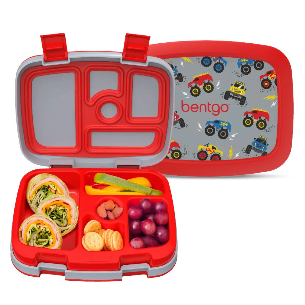 Bentgo Kids Prints with 5 Compartments, Leak-Proof Bento Lunch Box, BPA &amp; PFAS-Free, Microwave &amp; Dishwasher Safe Tray,  3–7 Years - Trucks