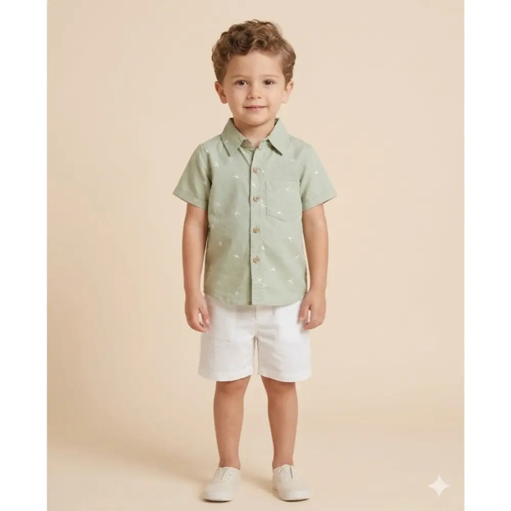 Sweetlime By AS Bird Print Cotton Poplin Boys Shirt &amp; Cotton Slub Shorts - Green &amp; White