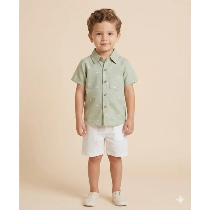 Sweetlime By AS Bird Print Cotton Poplin Boys Shirt &amp; Cotton Slub Shorts - Green &amp; White