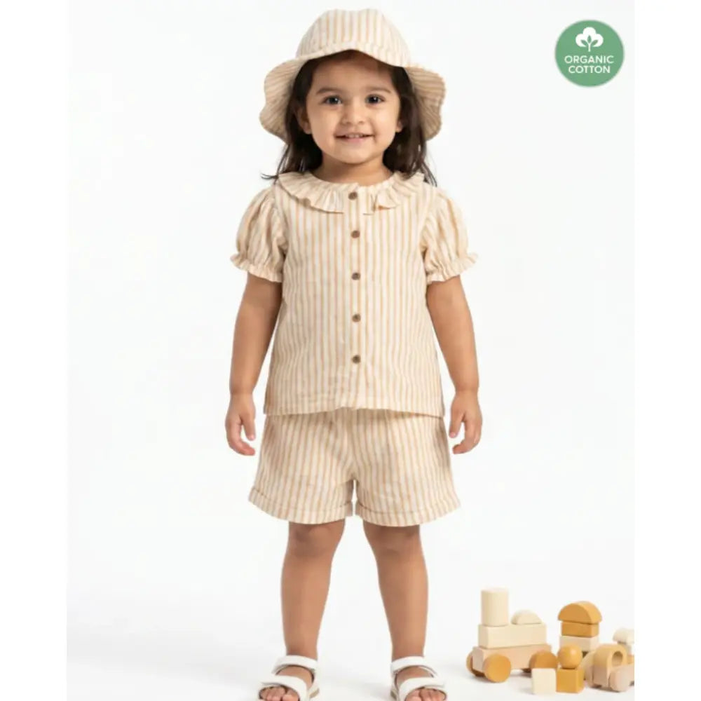 Sweetlime By AS Baby Girls Honey Stripe Organic Cotton Co-ord Set with a Hat - Beige