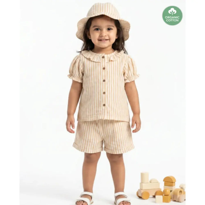 Sweetlime By AS Baby Girls Honey Stripe Organic Cotton Co-ord Set with a Hat - Beige