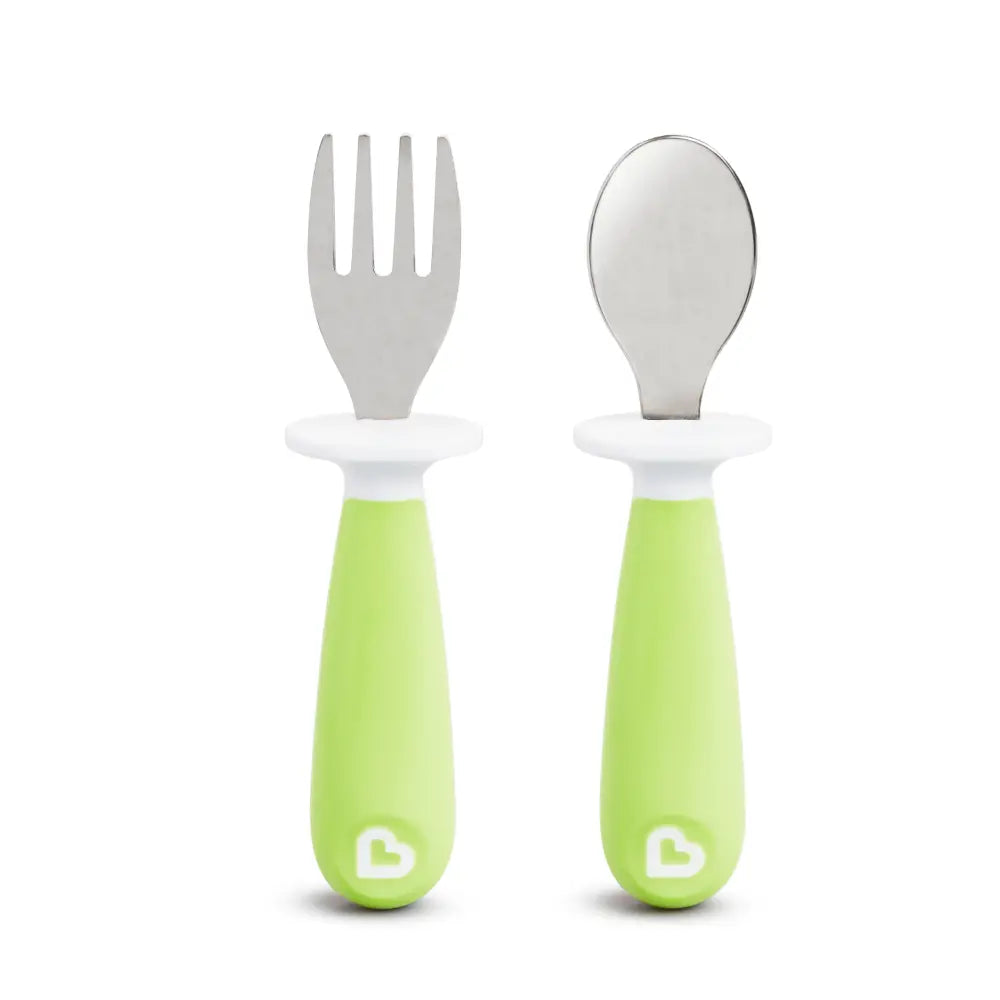 Munchkin Raise  Toddler Fork &amp; Spoon Set – Self-Feeding Utensils with Germ-Free Raised Base, BPA-Free, 12+ Months - Green