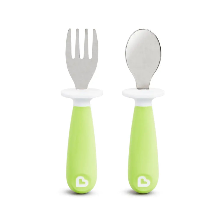 Munchkin Raise  Toddler Fork &amp; Spoon Set – Self-Feeding Utensils with Germ-Free Raised Base, BPA-Free, 12+ Months - Green