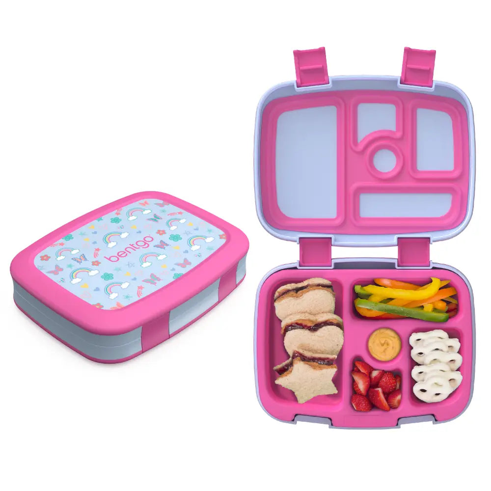 Bentgo Kids Prints with 5 Compartments, Leak-Proof Bento Lunch Box, BPA &amp; PFAS-Free, Microwave &amp; Dishwasher Safe Tray,  3–7 Years - Rainbow &amp; Butterflies
