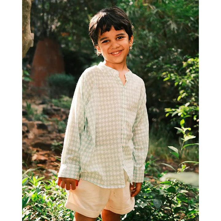 Love The World Today Unisex Barefoot Boy Shirt In Sage Green Rhombus