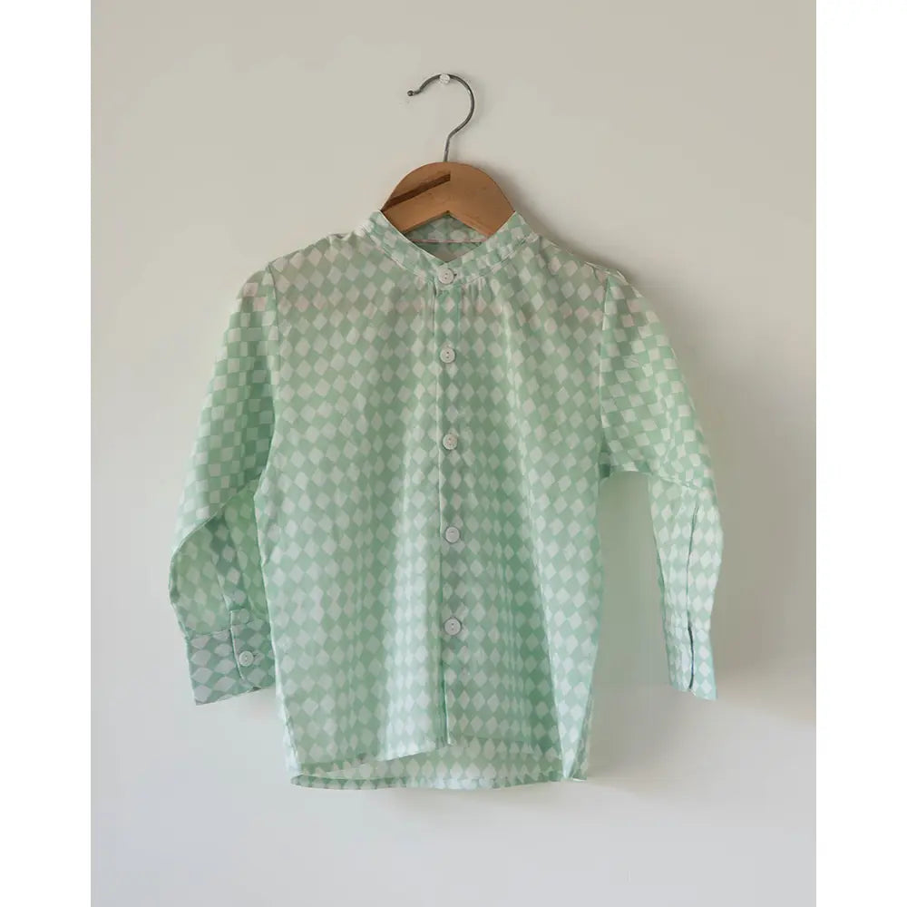 Love The World Today Unisex Barefoot Boy Shirt In Sage Green Rhombus