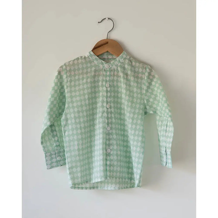 Love The World Today Unisex Barefoot Boy Shirt In Sage Green Rhombus