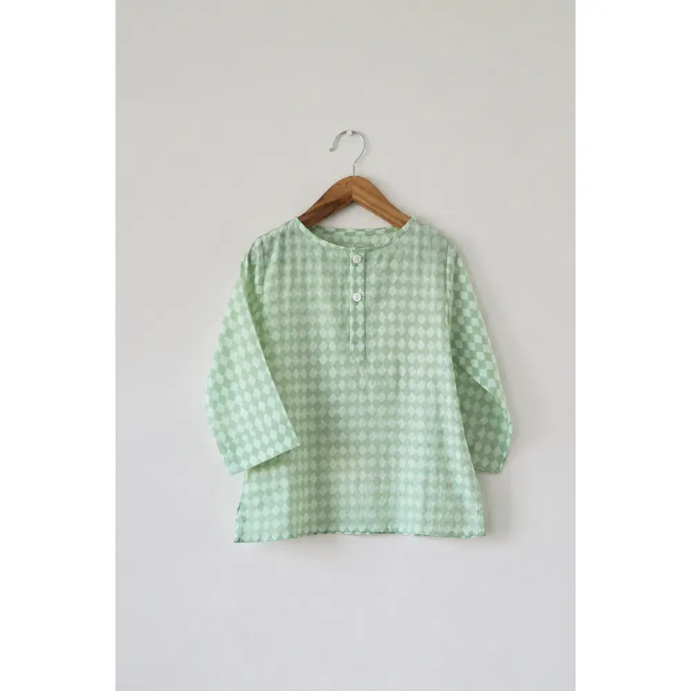 Love The World Today Sleepover Party Kids Unisex Kurta In Sage Green Rhombus