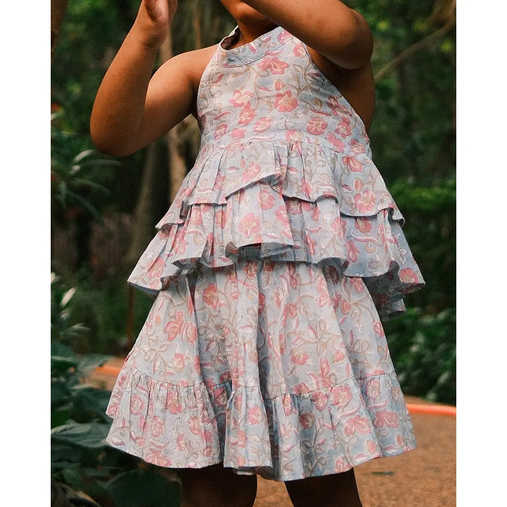Love The World Today Flutter Sky Blue Butterfly Halter Top Skirt Co-Ord For Girls