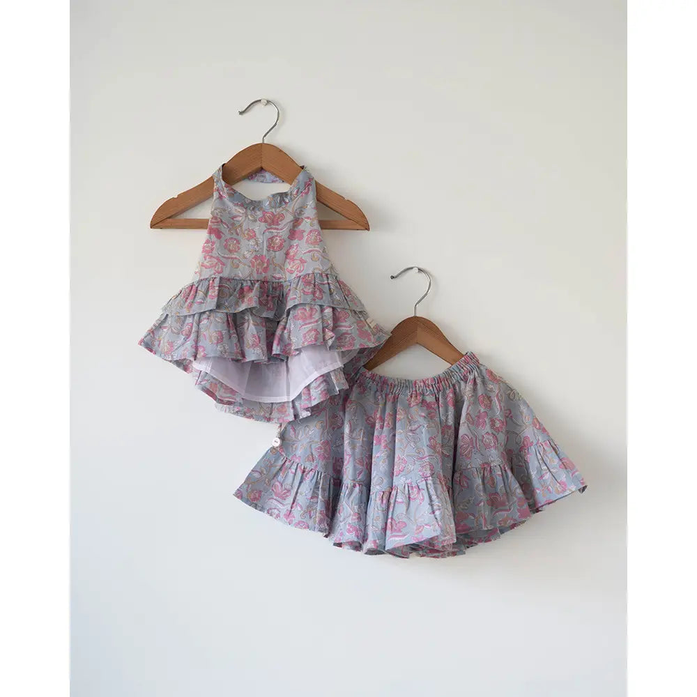Love The World Today Flutter Sky Blue Butterfly Halter Top Skirt Co-Ord For Girls