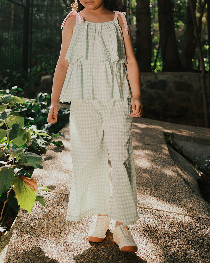 Love The World Today Wander Co-Ord Set In Sage Green Rhombus For Girls