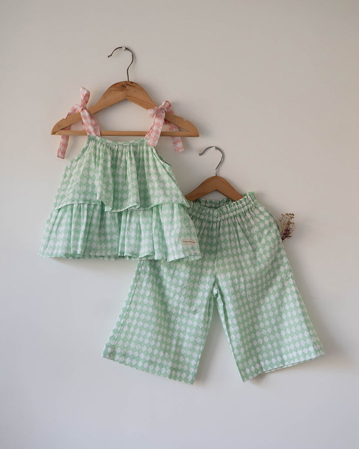 Love The World Today Wander Co-Ord Set In Sage Green Rhombus For Girls