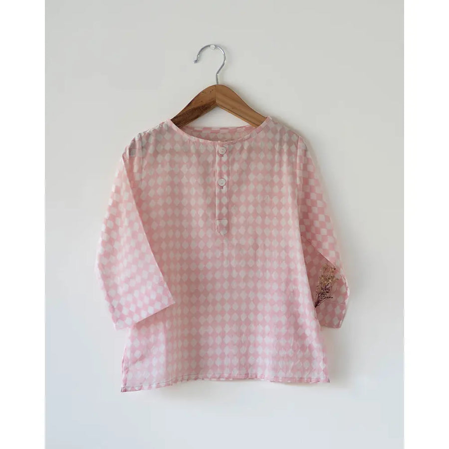 Love The World Today Sleepover Party Kids Unisex Kurta In Blush Pink Rhombus
