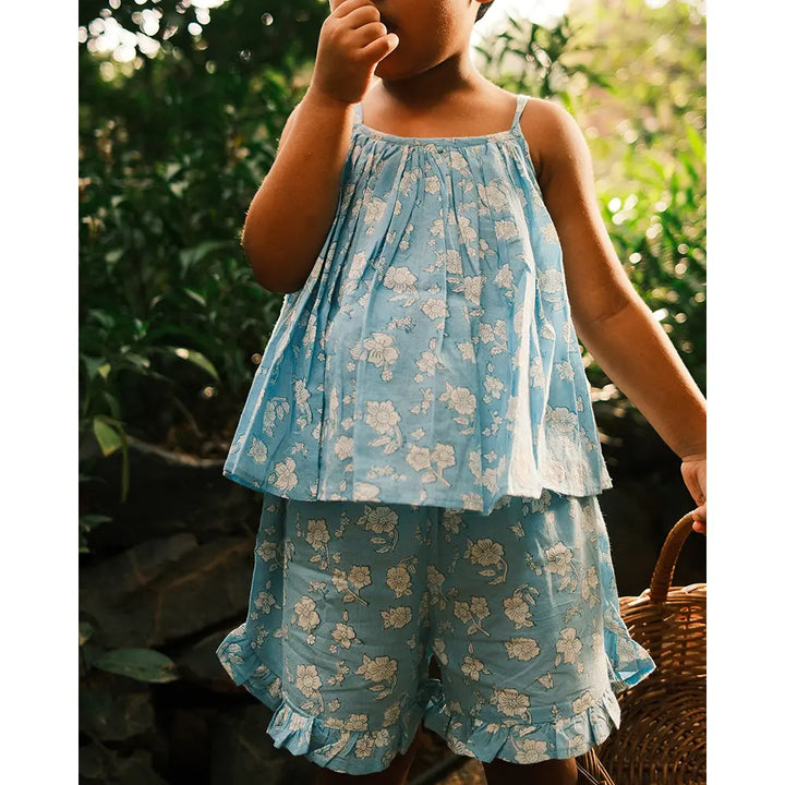Love The World Today Blossom Powder Blue Spaghetti Top Shorts Set For Girls